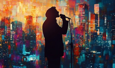 Fototapeta premium captivating silhouette of singer with vibrant cityscape overlay, showcasing dynamic blend of music and urban life. image evokes sense of energy and creativity