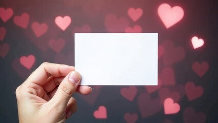 Obraz premium A hand holds a blank white card in front of a blurred background with red heart shapes. Concept of love and romance. Valentine's day background