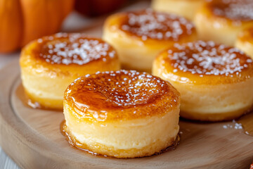 Small round portuguese queijadas pastries topped with cinnamon and whiskey caramel drizzle on a wooden board