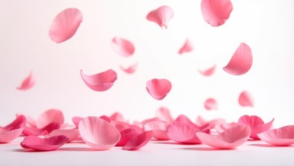 Obraz premium Pink rose petals falling down in the air and laying on a white surface. Concept of love, romance, beauty, and tenderness.