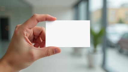 A hand is holding up a blank business card in a modern office setting. Concept of business card mockup