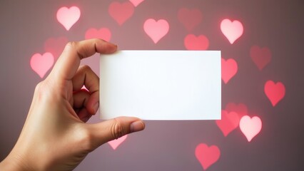 Obraz premium A hand holds a blank white card in front of a blurred background with red heart shapes. Concept of love and romance. Valentines day background