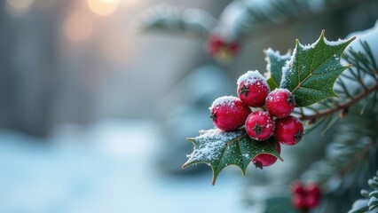 Red berries covered in snow sit on a green holly branch in a snowy, winter scene.