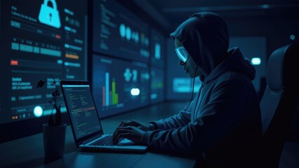 A hooded figure sits in a dark room, typing on a laptop with a screen displaying code and data. 
Concept of cyber security or hacking.