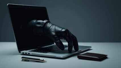 A hand in a black glove is reaching into a laptop computer to steal credit card information. Concept of a hacker. 