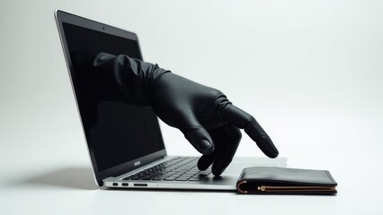 A hand in black gloves reaches out of a laptop screen toward a black wallet. Concept of online theft. 