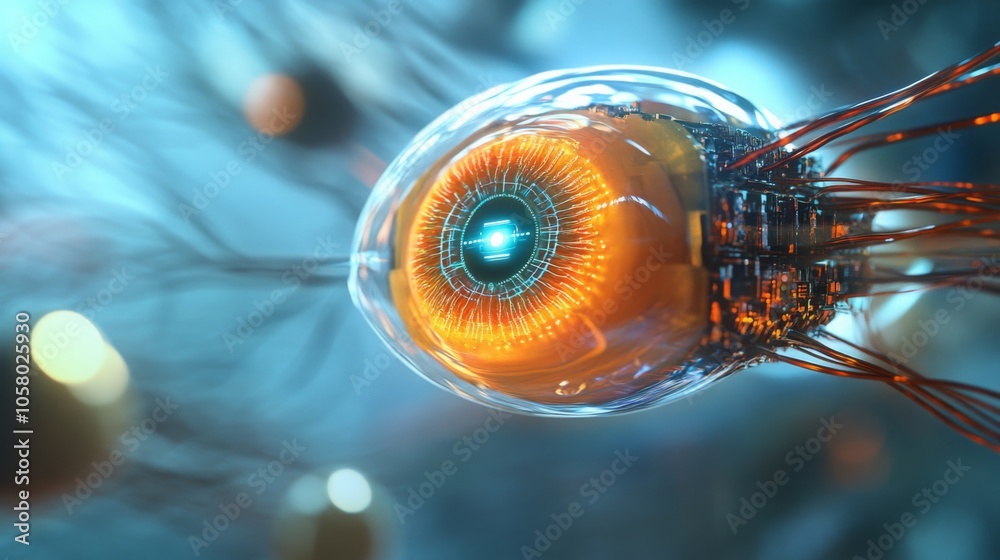 Poster a close-up of an artificial eye with a glowing blue center and orange iris. the eye is surrounded by