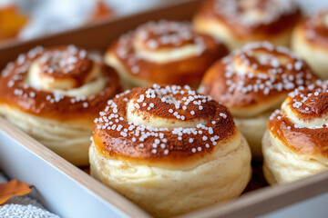 Freshly baked kanelbullar, dusted with cocoa and sugar pearls, create a tempting display of scandinavian pastry