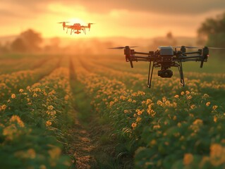 A farmer on lush green farmland using AI-controlled drones to monitor crop health