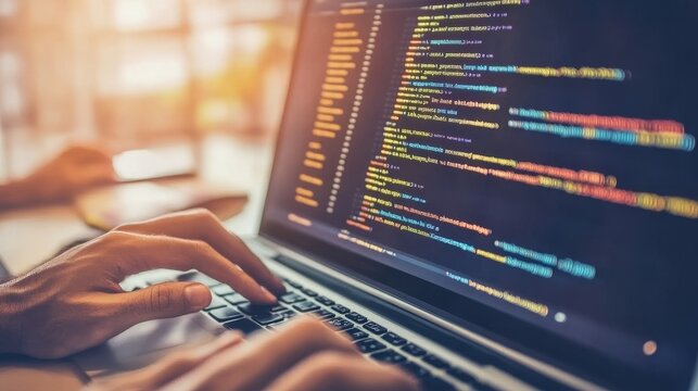 Close-up of hands typing on a laptop, displaying colorful code on the screen, ideal for tech, programming, or digital media themes.