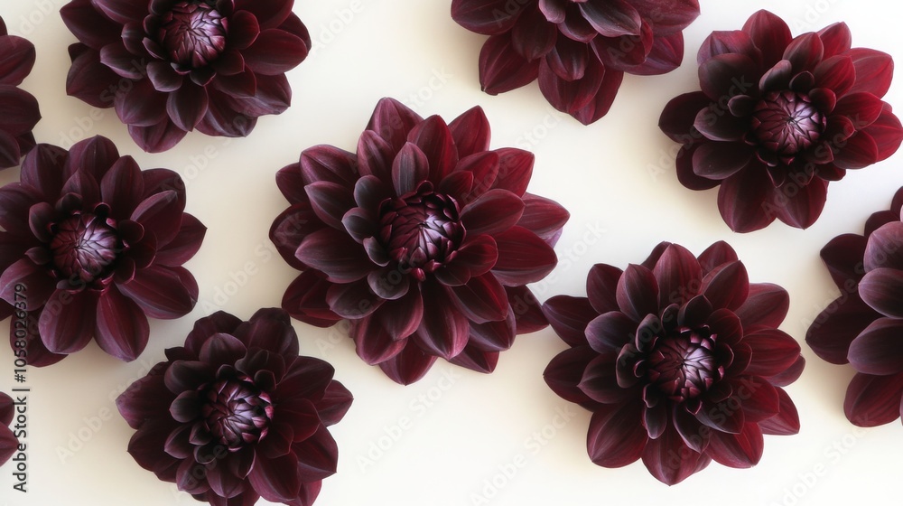 Poster A collection of dark red flowers with lush, layered petals is artistically arranged on a light background. The flowers exhibit deep hues and intricate textures, creating a striking visual display.
