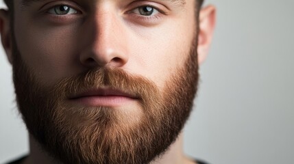 Obraz premium Close-up portrait of a man with a beard and intense gaze, showcasing emotions and personality against a neutral background.