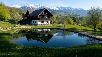 Obraz premium Traditional wooden house with pond in front and snow capped mountains in the background.