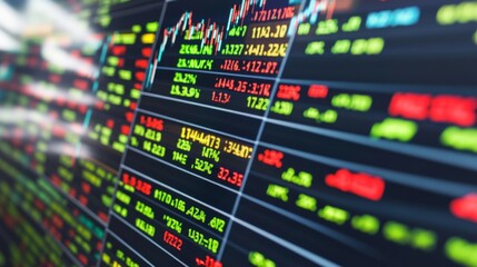 Close-up view of a stock market display showing price fluctuations and market trends with colorful charts and data symbols.