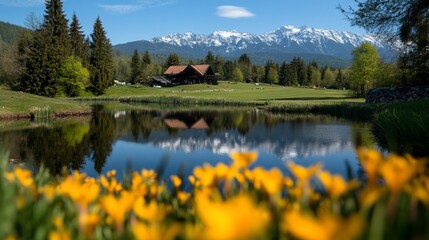 A wooden house with a beautiful mountain view reflected in a tranquil lake, surrounded by lush greenery and vibrant yellow flowers.