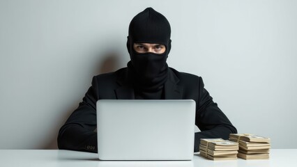 A man in a black mask and suit sits at a desk with a laptop and stacks of money in front of him. Concept of a criminal hacker.