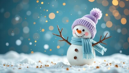 A snowman wearing a purple knitted hat and scarf stands in the snow with golden stars and blurred warm lights in the background. Winter festive background