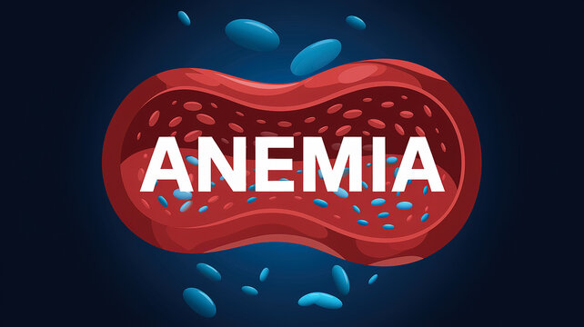 A cartoon illustration depicting a red blood cell with the word anemia written across it, surrounded by small blue cells representing a lack of healthy red blood cells.