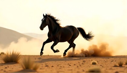A black horse running through a mountainous terrain with a dusty background