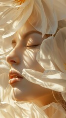 A tranquil image of a woman's face enveloped in delicate white petals, bathed in gentle sunlight. The serene expression highlights beauty and harmony with nature