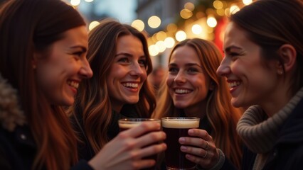 Four friends wearing warm winter clothes, including a red hat and a grey scarf, toast with dark brown drinks in front of a blurry background of warm yellow lights.
