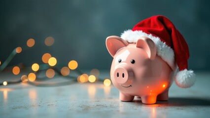 A pink piggy bank with a Santa hat sits on a table with blurred warm golden lights in the background. The concept of saving money during the holidays 