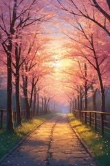 Anime style, misty morning sakura path, golden sunrise light through cherry blossoms, soft and tranquil feel. In vertical frame