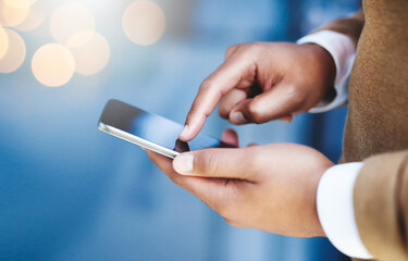 Business, phone or hands of person typing in office for text message, email notifications or...