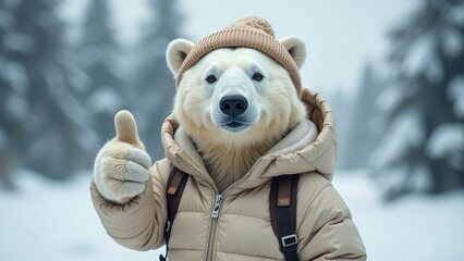 Naklejka premium A polar bear wearing a winter jacket and hat gives a thumbs up in a snowy winter landscape. 