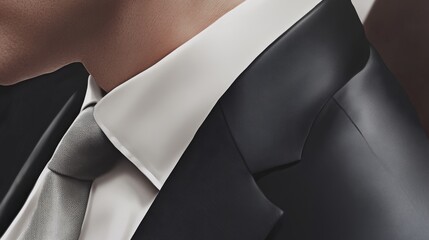 Detailed close-up of a man's suit, highlighting stylish lapel and tie. Perfect for fashion, business, and formal wear themes.