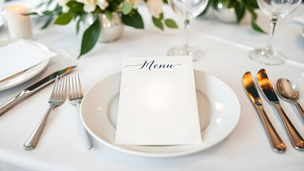 Table place setting blank menu card mockup or reserve in wedding invite and special event. Generative AI
