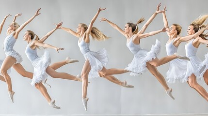Dynamic ballet dancer in motion, showcasing grace and beauty through a series of leaps with an elegant white costume.