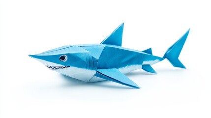 Blue Origami Shark Model on White Background