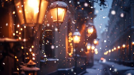 Obraz premium Ornate street lanterns glow softly in a cobblestone alley, surrounded by delicate snowflakes drifting down, creating a serene winter atmosphere.