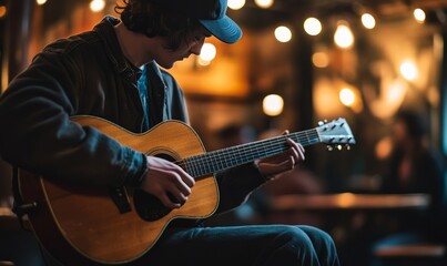 Obraz premium An artist passionately plays guitar on a small stage in a cozy venue. The atmosphere is intimate, with soft lighting highlighting the performance and an attentive crowd