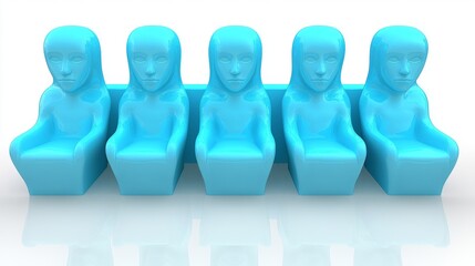 Five stylized blue figures seated in a row, perfect for showcasing diversity and modern design in a minimalist style.