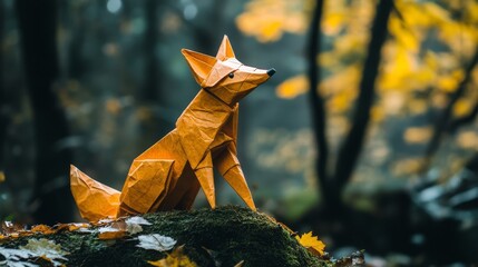 Origami Fox Sculpture in Autumn Forest