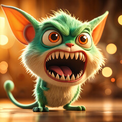 Cartoon character, a small blue animal with large orange eyes and sharp teeth, standing on a wooden floor.