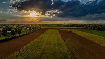 Golden Sunset Over Sprawling Agricultural Fields With Scattered Trees in a Tranquil Rural Setting