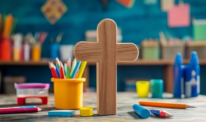 Christian themed craft supplies for Vacation Bible School including a wooden cross Focus on Christianity Space for written content