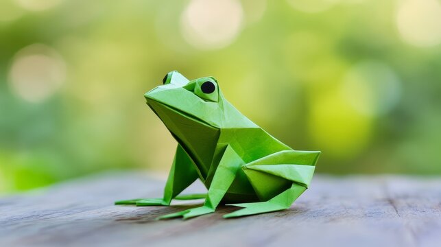 Origami Green Frog on Wooden Surface - Powered by Adobe