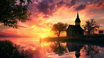Obraz premium Peaceful country church silhouette at sunset, vibrant colors illuminating the sky and reflecting in a serene pond, creating a tranquil and picturesque scene.