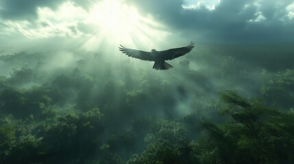 A majestic hawk soaring above a dense green forest with sunlight filtering through the clouds.