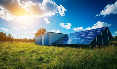 Obraz premium Efficient solar panels and energy storage system in bright sunlight