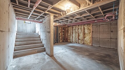 Unfinished Basement with Exposed Pipes and Insulation in a Residential Home Under Construction