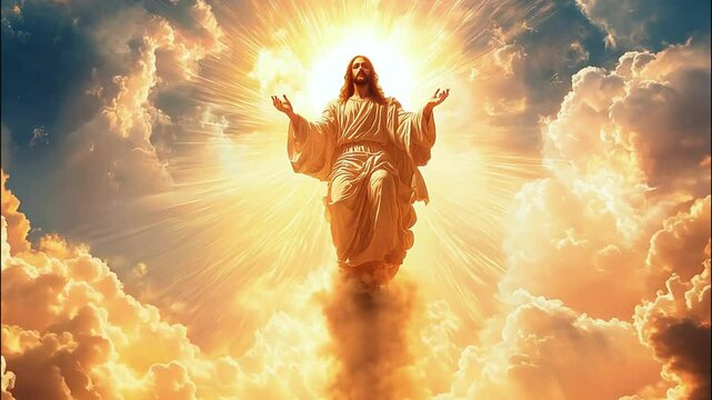 Radiant depiction of Jesus ascending amid clouds and golden sunlight, symbolizing spiritual transcendence.