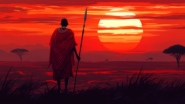 Maasai warrior standing with spear at sunset in african savanna. African Savannah Warriors. Illustration