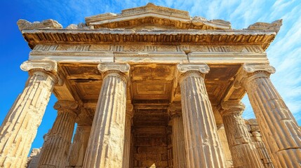 Obraz premium Ancient Roman Temple Ruins with Majestic Columns and Blue Sky in the Background