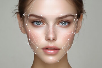 Close up of young woman’s face with facial mapping points symbolizing digital beauty skin analysis and technological precision in modern skincare with high detail
