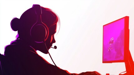 Silhouette of a gamer wearing a headset, focused on a computer screen with vibrant colors, showcasing the excitement of gaming.